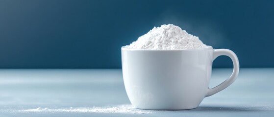 white baking powder in a cup on a blue background