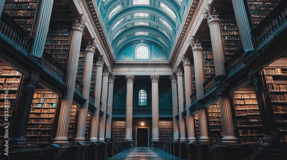 Poster Grand Library Hall Columns Bookshelves Architecture