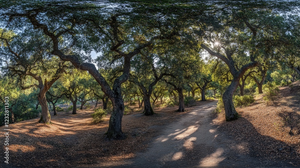 Poster sunlit path through ancient oak trees grove