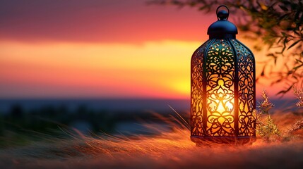 Fototapeta premium Ornate lantern glowing at sunset by the sea, casting warm light on grassy foreground