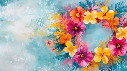 Obraz premium Vibrant Tropical Flowers Watercolor Wreath Design