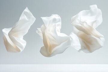 Obraz premium three white silk fabrics flowing in the air on a light gray background