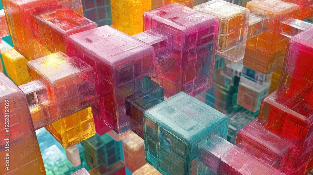 Poster Colorful Interlocking Cubes Abstract Three Dimensional Structure