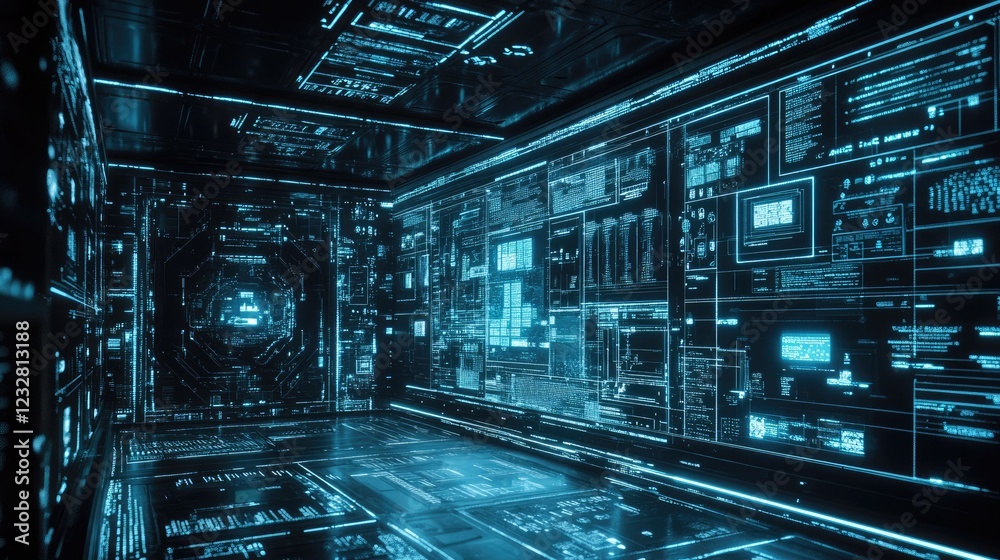 Poster futuristic digital room filled with cyan data streams