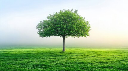Solitary Tree Stands in Misty Green Field