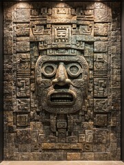 Ancient Stone Wall Art with Carved Face Design - A striking wall art piece featuring intricate carved stone depicting a face, surrounded by detailed patterns and symbols.