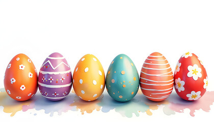 Colorful decorative Easter eggs on white background, Easter greeting card with copyspace for text