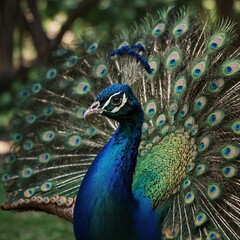 Peacock Displaying Vibrant Feathers. peacock with feathers out. 