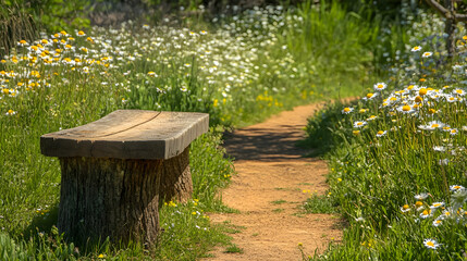 Serene Nature Trail with Wooden Bench and Blooming Daisies