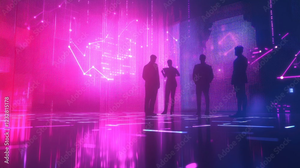 Poster silhouettes of businesspeople reviewing data displayed on a futuristic screen
