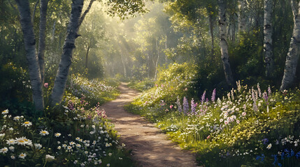 Fototapeta premium Sunlit Forest Path Vibrant Wildflowers Serene Nature Scene