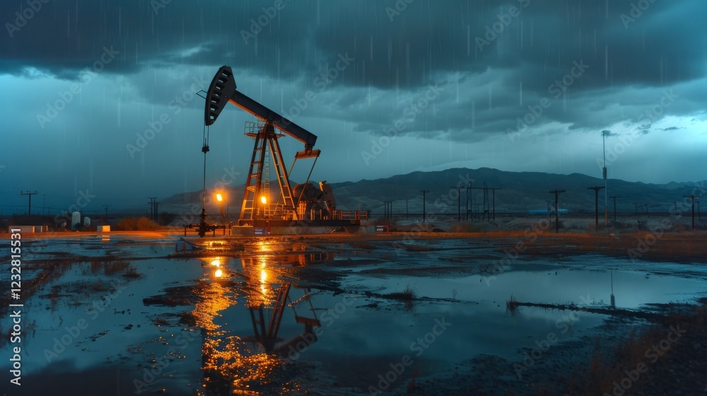 Poster an oil rig stands tall in a remote area during dusk, surrounded by dark storm clouds. rain falls, cr
