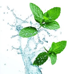 fresh mint leaves splashing in water
