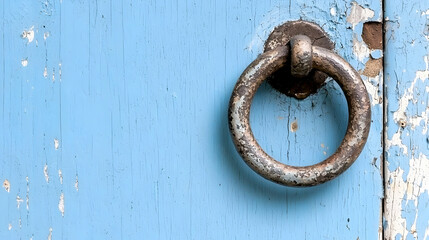 Rustic door knocker on weathered blue door
