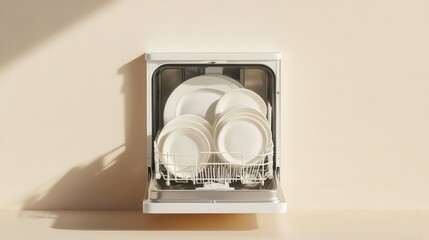 clean white plates in an open dishwasher