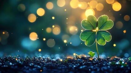 Four-leaf clover sprouting, night bokeh, luck, greeting card