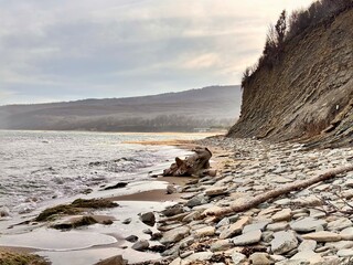 high rock and stones  and driftwood on the beach 