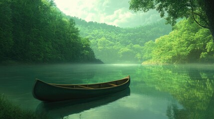 Serene Canoe on a Calm Green River Surrounded by Lush Forest