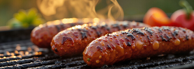 Sizzling chorizo sausages grilling outdoors at sunset, culinary delight