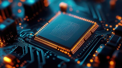 Close-up CPU chip circuit board, glowing orange, tech background, website header