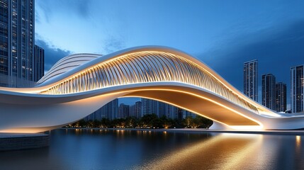 Obraz premium A sleek, modern bridge with unique architecture illuminated by glowing LED lights, spanning a calm river, with a futuristic cityscape