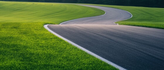 winding asphalt road through green fields