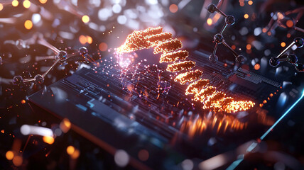 A close-up view of a glowing circuit board with a DNA strand visualization and sparkling digital particles, symbolizing technology and biology