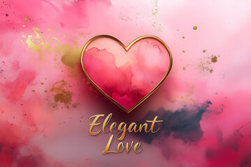 A soft pink watercolor background with a golden heart outline in the center, with "Elegant Love" written below. Bright lighting, contrast