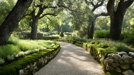Fototapeta premium Serene Garden Path with Mossy Stone Walls
