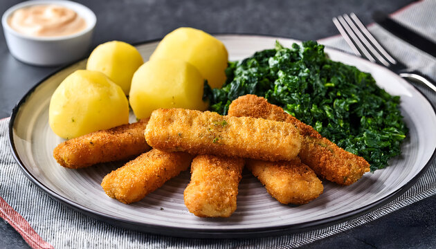 fischst&auml;bchen, fisch, mit, spinat, gem&uuml;se, kartoffeln, neu, close up, essen, mahl, gebraten, paniert, panade, auf, grauem, holz, hintergrund, tisch, tuch, abendessen, teller, kartoffel, feigling, ad, 