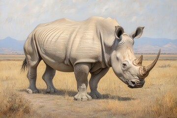 Obraz premium Majestic White Rhinoceros in Natural Habitat Grazing, Capturing the Beauty and Strength of Wildlife in a Serengeti-like Grassland Landscape