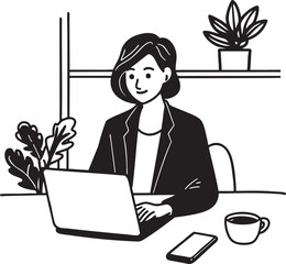 A black and white hand-drawn illustration of a woman working on a laptop in a modern office. She wears a blazer and looks focused. A cup of coffee, a smartphone, and plants decorate the workspace.
