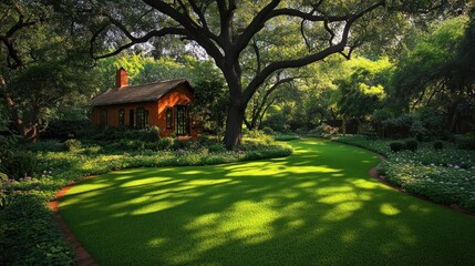 Secluded cottage nestled in lush garden.