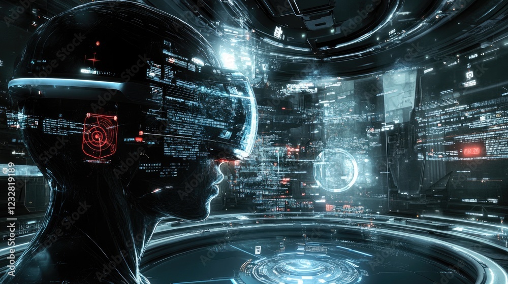 Poster futuristic cyborg immersed in digital data streams