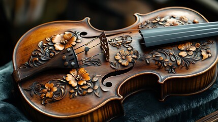 Obraz premium Ornate violin, floral carving, close-up, dark background, musical instrument