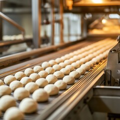 Naklejka premium Rows of smooth dough balls journey through an automated bakery plant, preparing for shaping and crafting. Generative AI