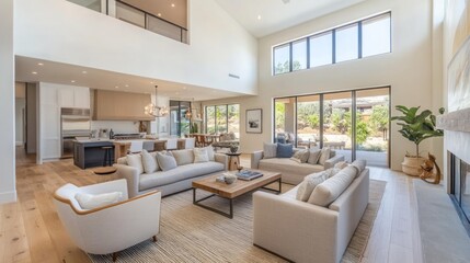 Fototapeta premium Modern open concept living room with natural light and cozy furniture