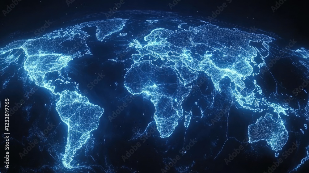 Poster global network illuminated world map showing interconnections