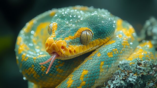 Green tree python rainforest closeup, dew, exotic
