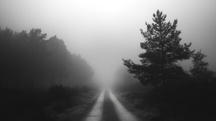 Fototapeta premium Misty Forest Pathway in Black and White with Tall Pine Trees