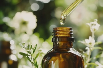 Amber Glass Bottle with Essential Oil: A drop of essential oil falls from a glass pipette into a dark amber bottle, set against a backdrop of lush greenery and soft-focus white flowers.
