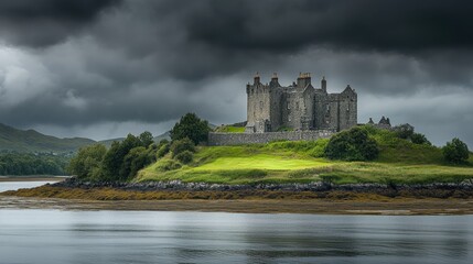 Ancient Stone Castle on a Coastal Island under Stormy Skies