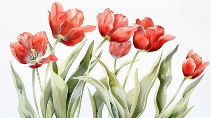 Obraz premium red tulips, green leaves