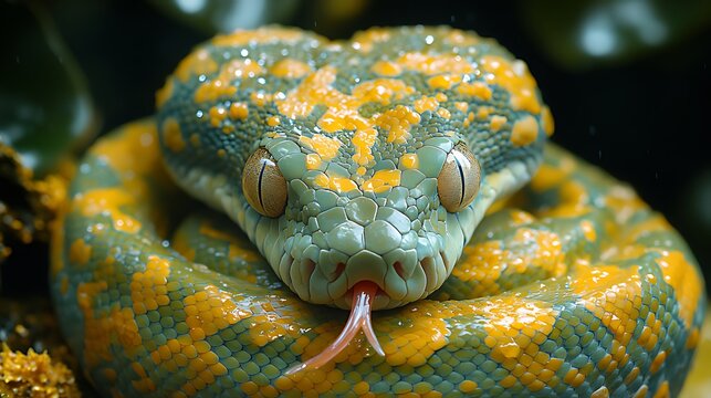Green-yellow python coiled rainforest closeup, tongue out