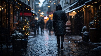 Obraz premium A person walks through a snowy street lined with festive lights and decorations at dusk
