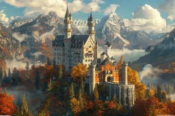 Fototapeta premium A captivating castle perched on a hill amidst colorful autumn trees and misty mountains, creating a magical atmosphere