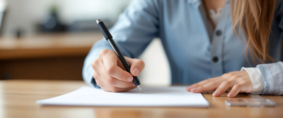 closeup hand photo of young cute woman sitting near a office table, writing and sign an agreement using a pen on paper at office 