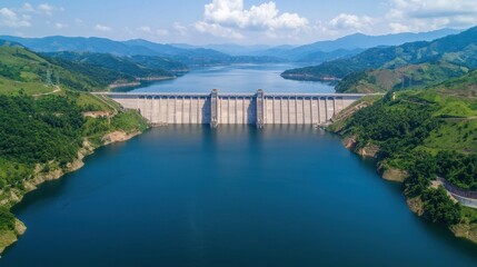 Obraz premium An aerial view of a large dam surrounded by lush green hills and a serene lake under a bright blue sky.