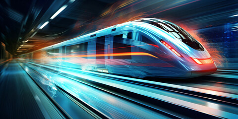 An express train passes through a tunnel at high speed. High speed transit.