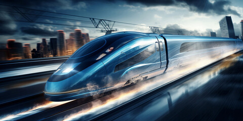 The aerodynamic shape gives the train high speed. High speed transit.